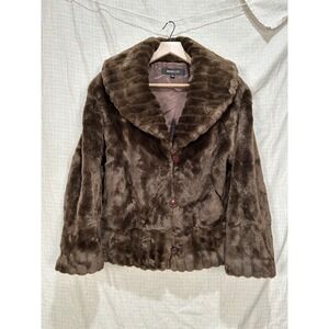 Siena Studio Brown Faux Fur Shawl Collar Button Front Jacket Womens Large #2171